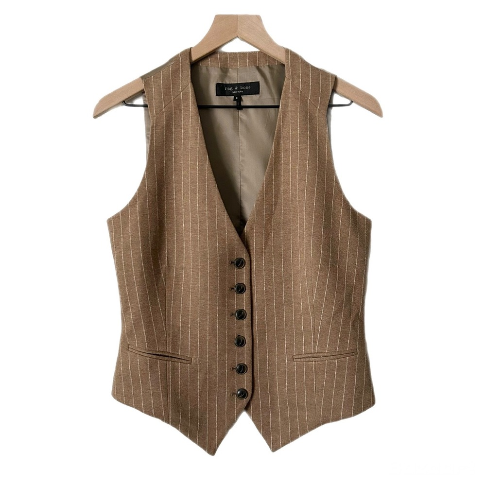 Rag & Bone Priya Italian Pinstripe Cotton Vest Tan Camel Tailored Size 6